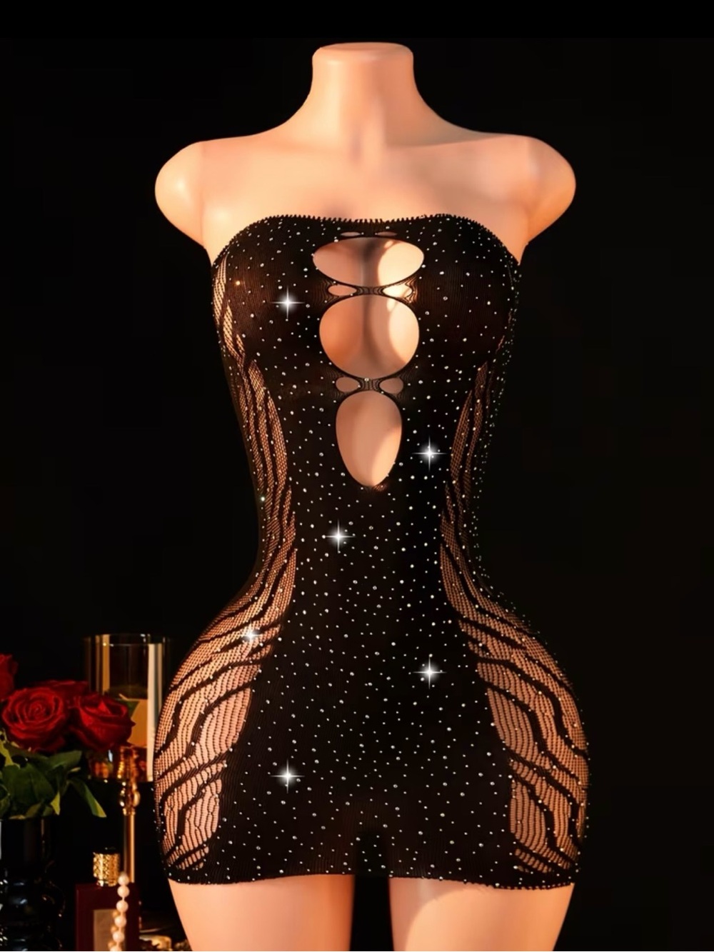 Strapless Black Rhinestone Cutout Mini Dress